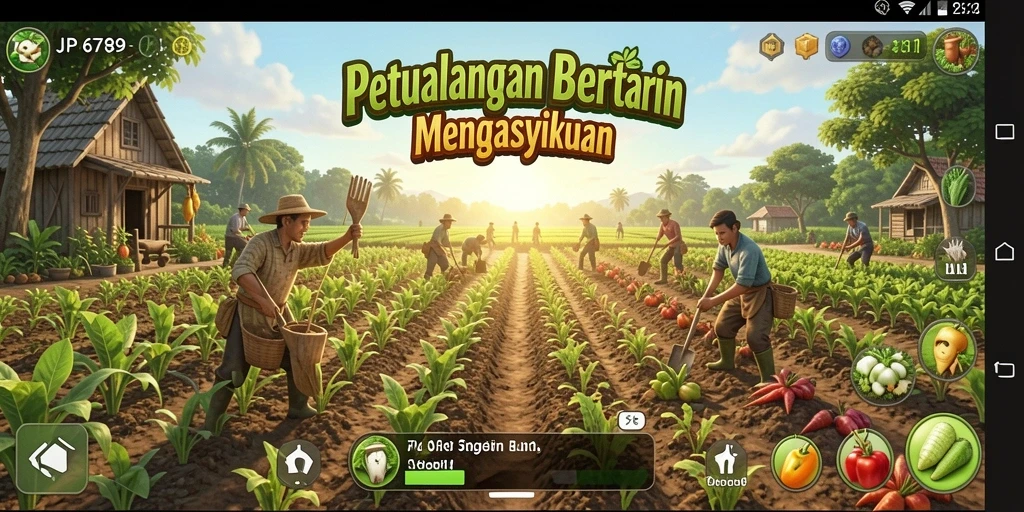 Tangkapan layar gameplay JP6789 menampilkan ladang yang subur dan hewan-hewan yang bahagia.