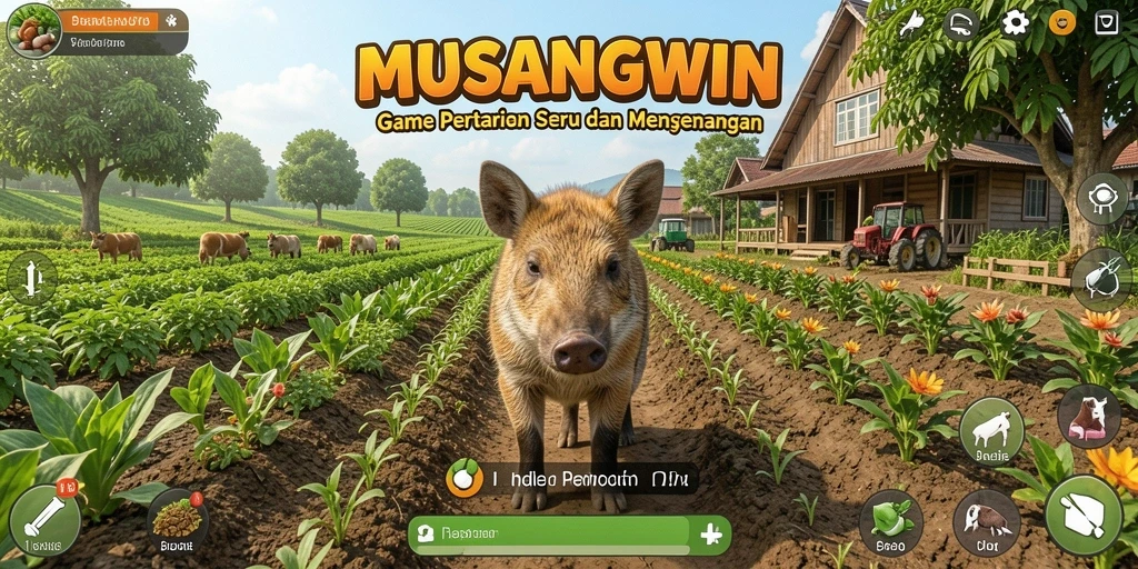 Tampilan gameplay <strong>MUSANGWIN</strong> dengan pertanian yang indah dan interaktif.