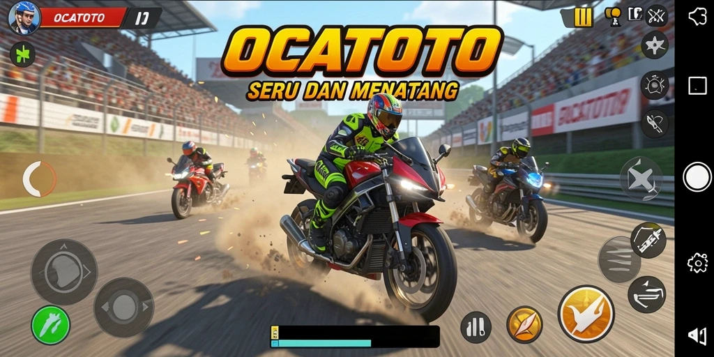Tampilan gameplay OCATOTO yang menegangkan dengan balapan motor.