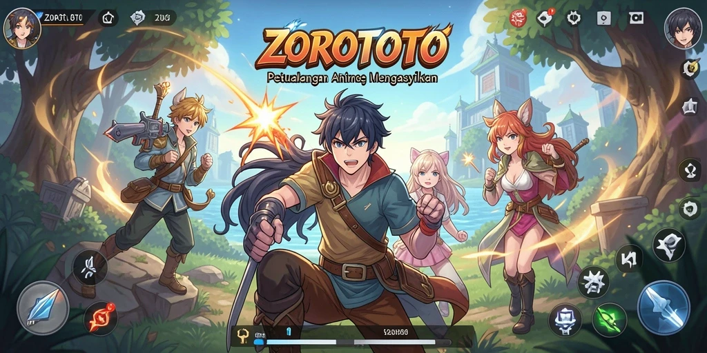 Tampilan gameplay ZOROTOTO yang penuh warna dan karakter menarik.